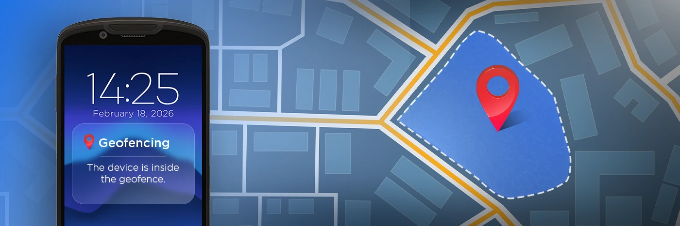 A phone shows a geofencing alert beside a map with a highlighted geofence area and a red location pin.