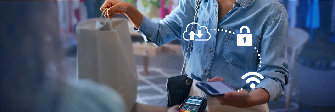 A shopper uses a mobile phone to make a payment at a checkout counter, with icons for cloud syncing, security, and Wi‑Fi overlaid on the scene.