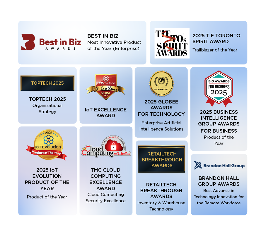 Collage of nine award logos and titles for 2025, including Best in Biz, TiE Toronto Spirit Award, TopTech, Globee Awards for Technology, Business Intelligence Group Awards, IoT Evolution Product of the Year, TMC Cloud Computing Excellence Award, RetailTech Breakthrough Awards, Brandon Hall Group Awards, and IoT Excellence Award.